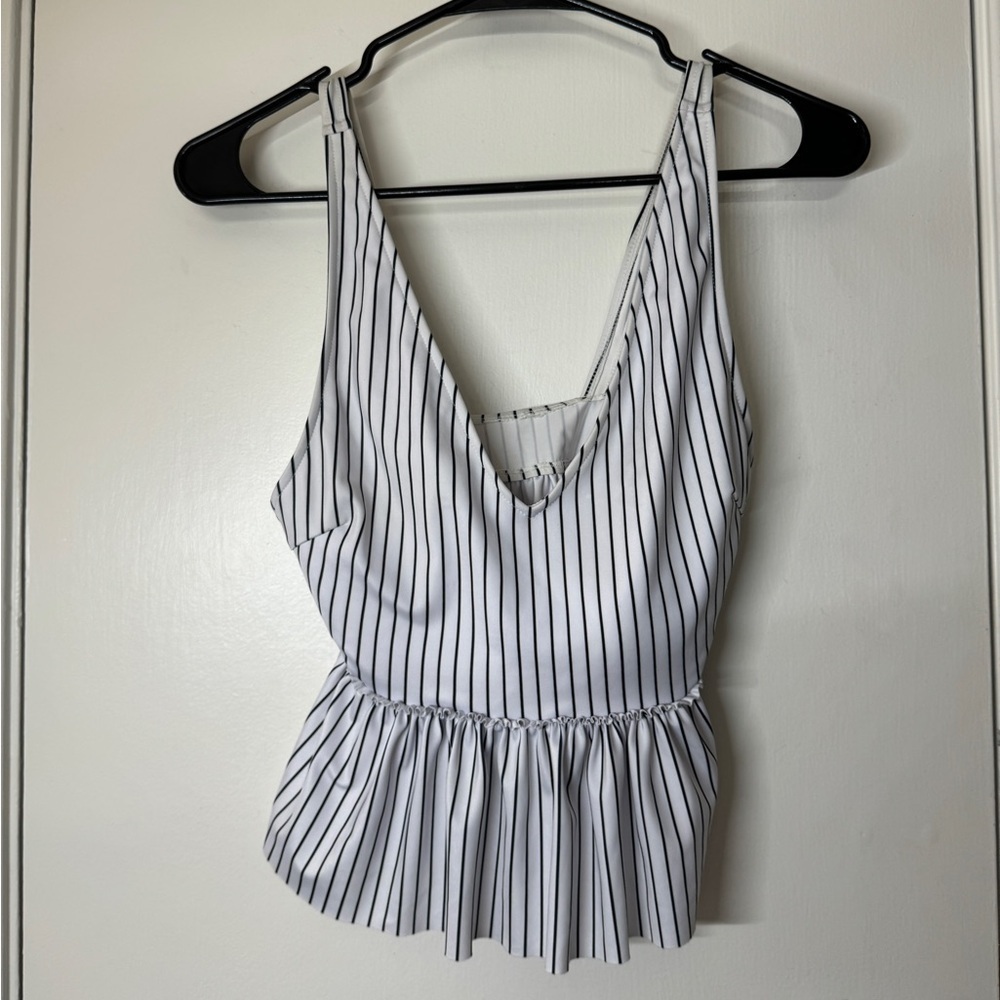 Kortni Jeane White Black Striped Peplum Bikini Swim Swimmers Top Size Small - Picture 2 of 12